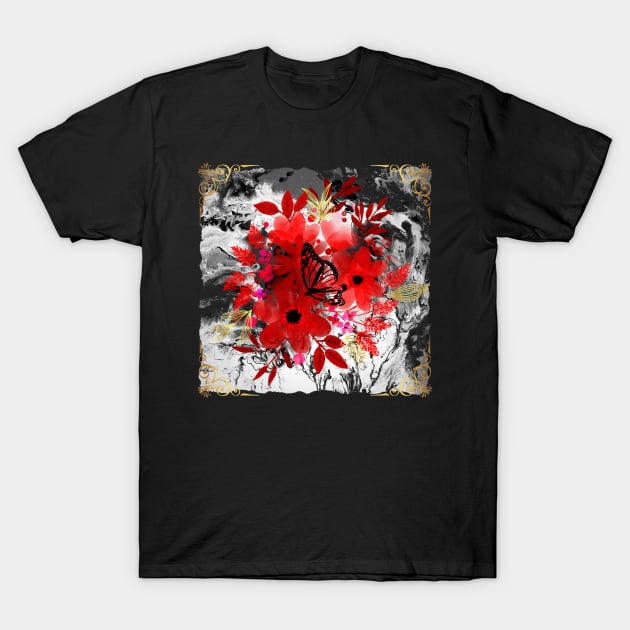 Painted Blooms on Spilled Canvas - Gold and red - black and white T-Shirt by Smiling-Faces